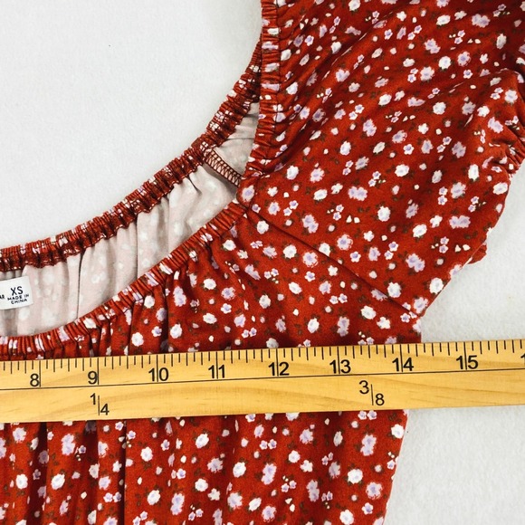 Hollister Prairie Dress Womens XS Rust Red Ditsy Floral Puff Sleeve Tiered Boho - Picture 5 of 11